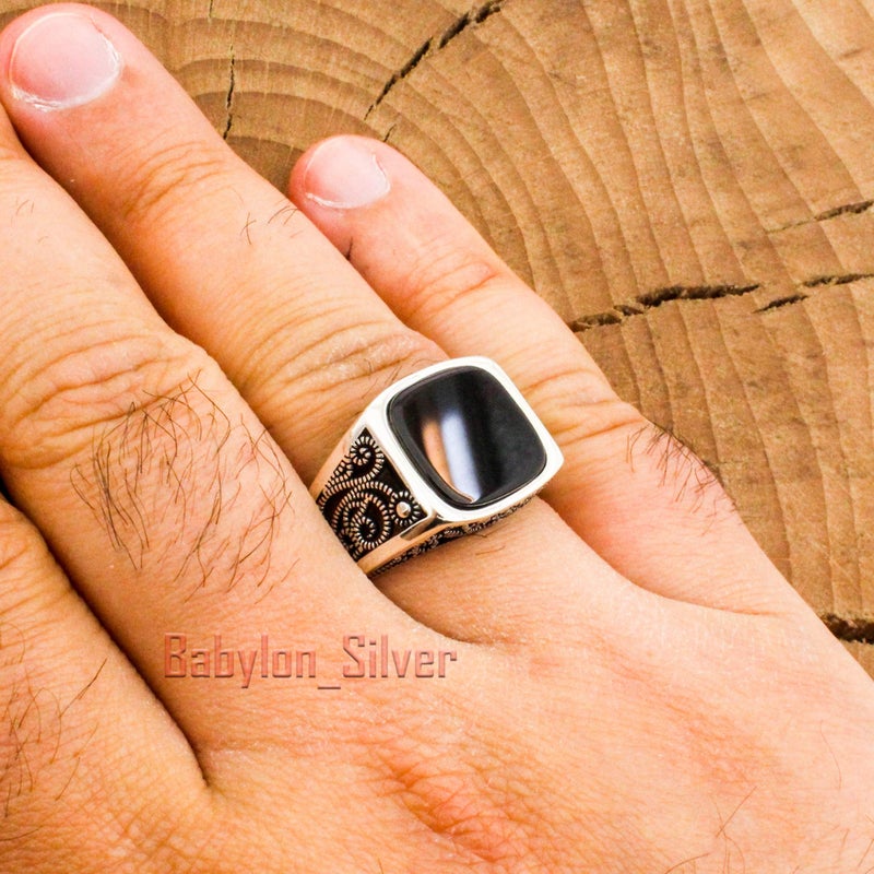 Babylon Silver Solid 925 Sterling Silver Onyx Stone Turkish Handmade Luxury Men's Ring (8) - Image 3